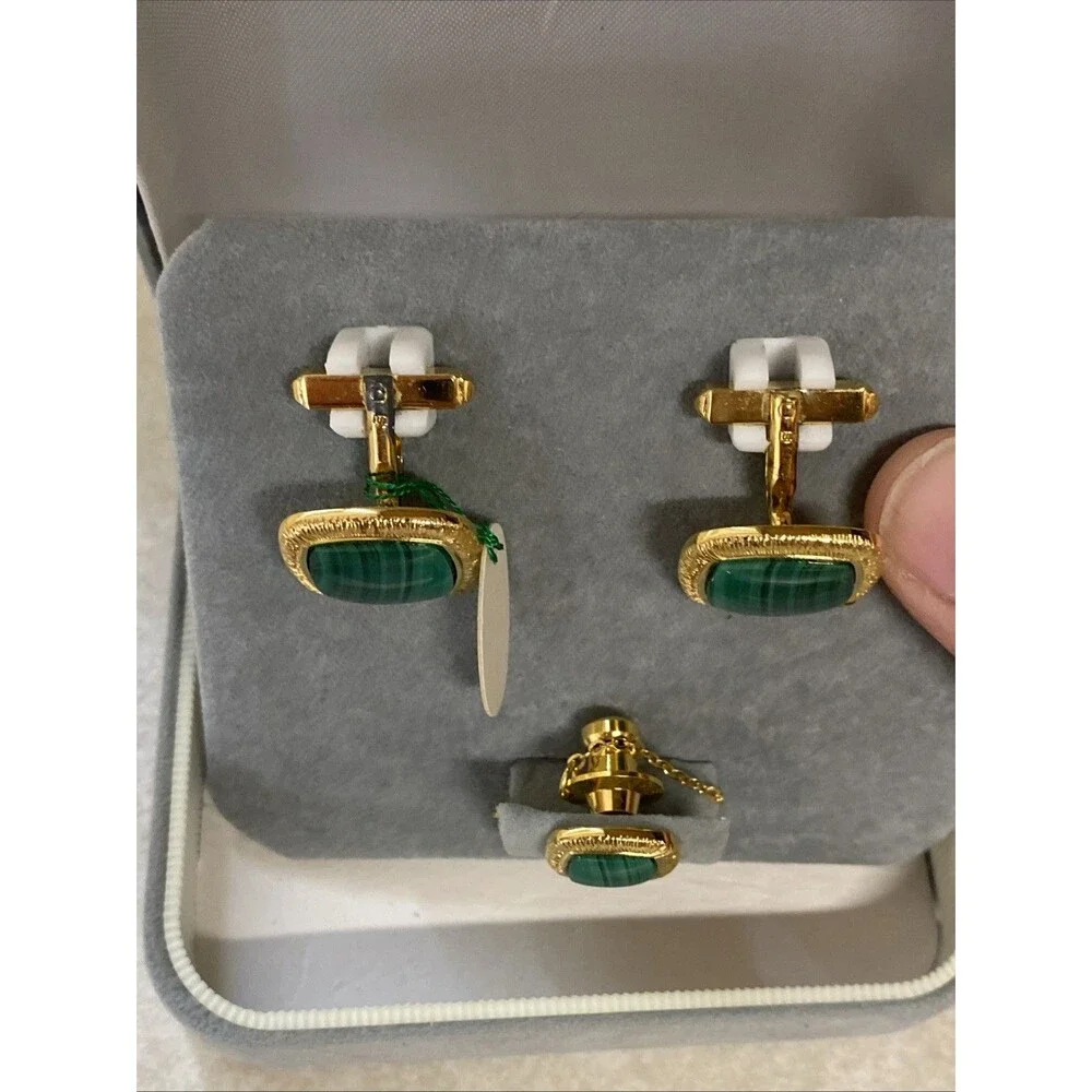 Vintage Japan Sterling Silver Gold-Plated Malachite Cufflink Gift Set
